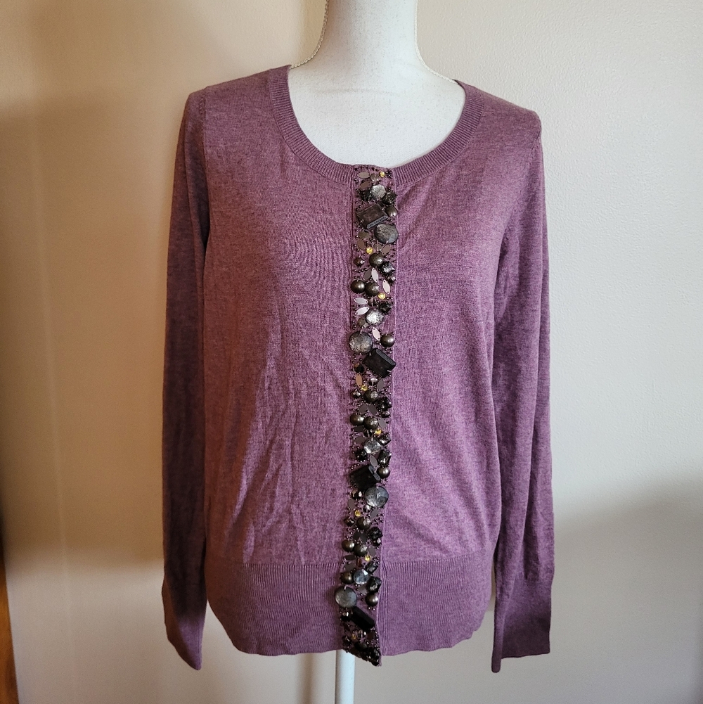 Talbots Embellished Snap Front Cardigan Sweater Purple Size Large